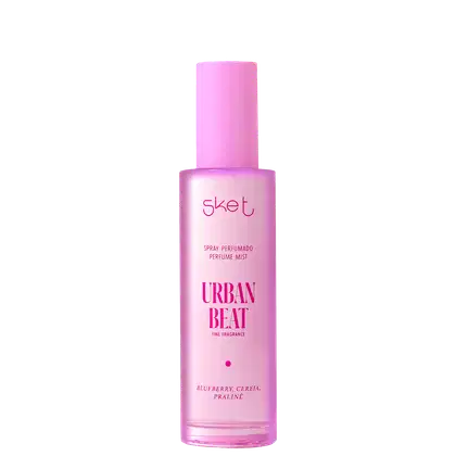 Spray perfume mist, com frasco em formato cilíndrico e cor rosa. No rótulo, está escrito "Urban Beat".