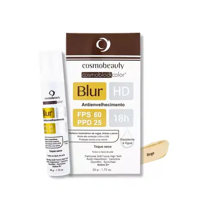 Proteção solar FPS 60 e PPD 25. O produto vem em um tubo branco com o nome "Blur" impresso. O texto na embalagem destaca as propriedades do produto, como o efeito de desfoque, alta proteção UVA e UVB, e resistência à água.