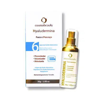 Sérum facial da marca Cosmobeauty, chamado Hyaludermina. O rótulo do produto exibe o nome "Hyaludermina" e algumas informações sobre suas propriedades, como "Preenchedor", "Volumizador" e "Hidratante".