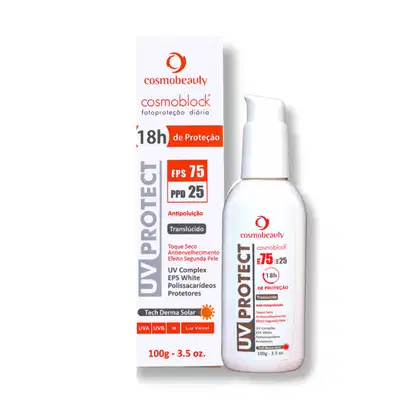 Cosmobeauty Cosmoblock, um protetor solar diário em embalagem branca e vermelha com FPS 75 e PPD 25, com propriedades antioxidantes, translúcido e de toque seco, com tecnologia UV Complex EPS White.