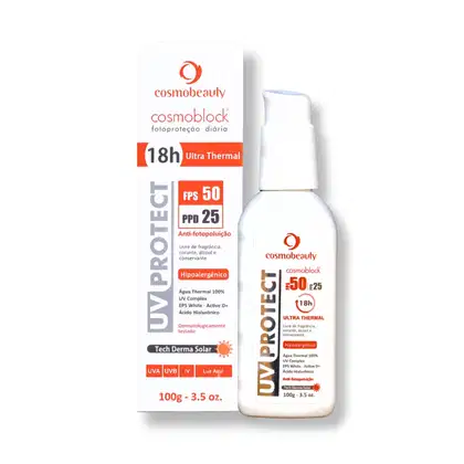 Cosmobeauty Cosmoblock, um protetor solar em frasco branco com rótulo laranja e cinza, com FPS 50 e PPD 25, livre de fragrância, álcool e conservantes, com tecnologia Hipoalergênica e Água Thermal 100% UV.
