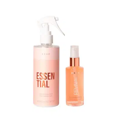 Este é um conjunto de dois produtos para o cabelo da Braé Hair Care. Inclui um spray de reparação capilar e um óleo de brilho para cabelos danificados.
