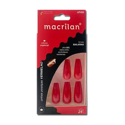 Unhas Postiças Autocolantes Macrilan UP409 Bailarina Vermelho, 24 unidades.