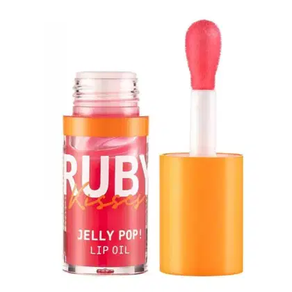 A imagem mostra um frasco de 4ml de lip oil transparente com detalhe laranja, aberto, com a tampa ao lado, também laranja.