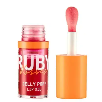 A imagem mostra um frasco de 4ml de lip oil transparente com detalhe laranja, aberto, com a tampa ao lado, também laranja.