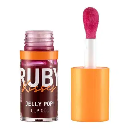 A imagem mostra um frasco de 4ml de lip oil transparente com detalhe laranja, aberto, com a tampa ao lado, também laranja.