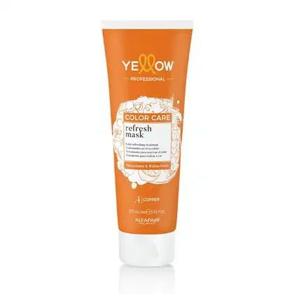 Tubo laranja com rótulo "Yellow Professional Color Care Refresh Mask" contendo tratamento para revitalizar a cor dos cabelos, com ingredientes de macadâmia e frutas italianas.