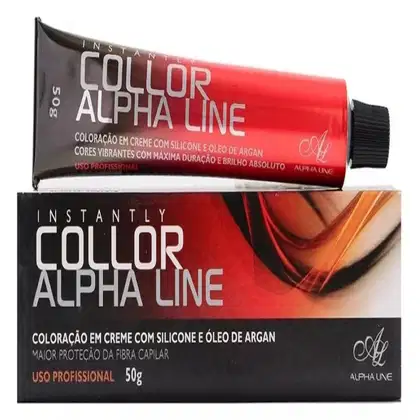 Coloração em creme da linha Alpha Line, um tubo vermelho com a inscrição "Collor Alpha Line" em letras brancas, contendo 50g de coloração e uma caixa preta retangular. As cores predominantes são preto, vermelho e cinza.