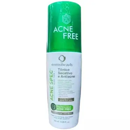 Frasco de tônico secativo e antiacne da marca Cosmobeauty, com embalagem verde e branca, destacando o texto "Acne Free" e informações sobre a tecnologia acne-free.