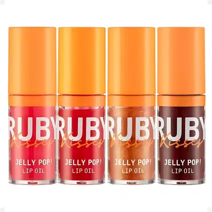 A imagem mostra quatro frascos de 4ml de lip oil transparente com tampa laranja.