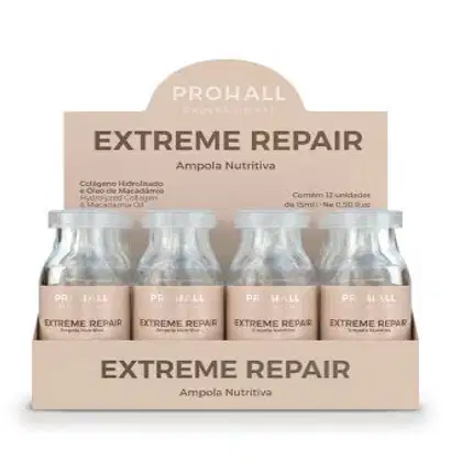 Ampola nutritiva da linha Extreme Repair da marca Prohall Cosmetic. A embalagem consiste em uma caixa de papelão bege com o nome do produto e da marca impressos em letras brancas. Dentro da caixa, há 12 ampolas de vidro transparente contendo o produto.