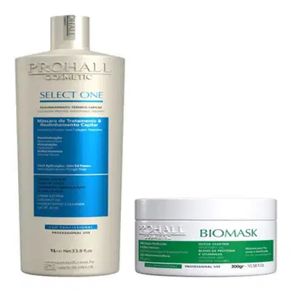 Há dois itens visíveis: um frasco de 1 litro com rótulo azul, identificado como "Select One", e um pote branco com rótulo verde, identificado como "Biomask".
