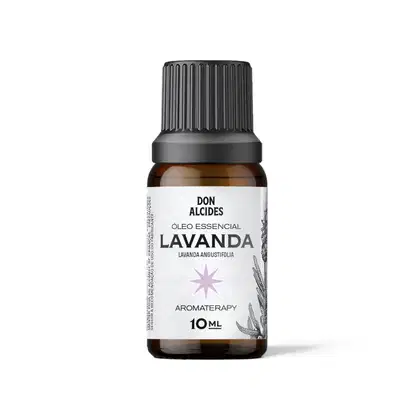 Frasco de óleo essencial de lavanda da marca Don Alcides, com rótulo branco e preto, contendo 10 ml do produto. O frasco possui tampa plástica preta com ranhuras verticais.