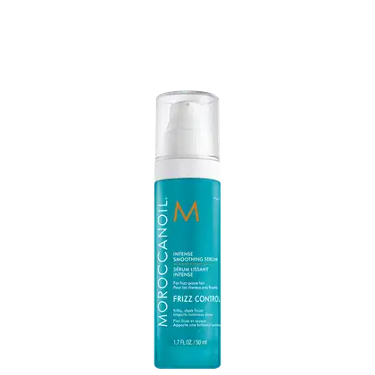 Frasco de soro alisante intenso da Moroccanoil, com embalagem branca e azul turquesa. O rótulo indica o nome do produto "Intense Smoothing Serum" e menciona o controle de frizz e brilho sedoso.