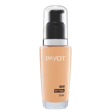 A imagem apresenta frasco de plástico transparente com tampa preta e detalhes prateados. Contém um líquido bege claro. Rótulo na frente indica "BASE RETINOL" e o volume de 35ml.
