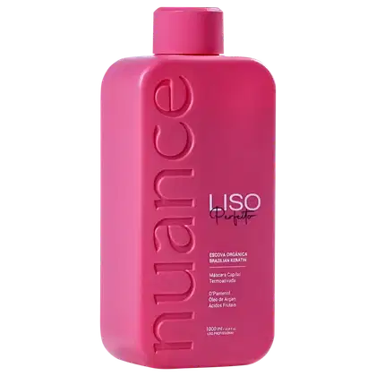 O produto apresentado é um frasco de 1000 ml  de uma escova progressiva da marca Nuance Professional, chamada L.iso Perfeito. O rótulo destaca que o produto contém escova orgânica brasileira de queratina, D-pantenol e óleo de argan.