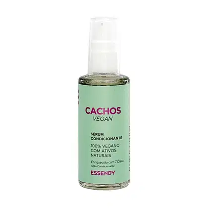 Sérum condicionante. O rótulo exibe o nome da marca "CACHOS VEGAN" em letras grandes, seguido da descrição "Sérum Condicionante" e informações sobre ser 100% vegano e conter ativos naturais. O frasco contém 7 óleos que enriquecem o produto.