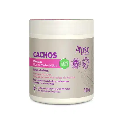 Máscara hidratante nutritiva para cabelos da marca Apise Cosmetics. A embalagem é um pote branco com detalhes em roxo, contendo 500g do produto. O rótulo indica que o produto é 100% vegano, sem sulfatos, parabenos, óleo mineral, sal, silicones e corantes.