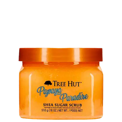 Pote laranja com rótulo azul e branco da marca Tree Hut, contendo um esfoliante de açúcar de manteiga de karité chamado "Payaya Paradise".