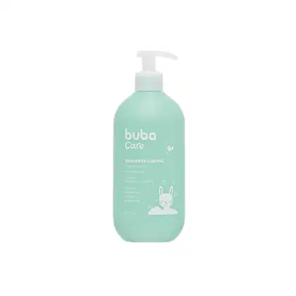 Sabonete líquido Buba Care em embalagem plástica verde clara de 400ml. Rótulo frontal com o logotipo e nome da marca "Buba Care" em letras brancas, além de informações como "Sabonete Líquido cabelos e peles" e ilustração de um coelho.