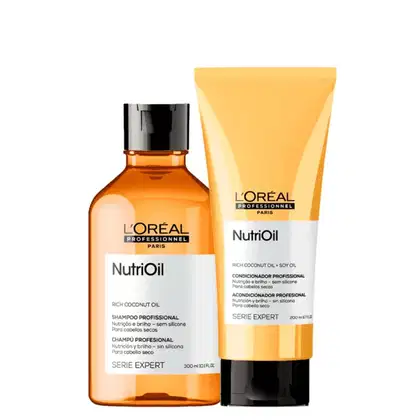 A imagem mostra um kit da linha NutriOil de L'Oréal, sendo um shampoo e um frasco tubular de condicionador.