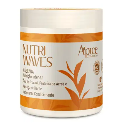 Máscara Capilar Apice Cosméticos, chamado "Nutri Waves". A embalagem é um pote branco com uma faixa laranja na parte superior, contendo informações sobre os ingredientes e benefícios do produto, como óleo de pracaxi, proteína do arroz e manteiga de karité