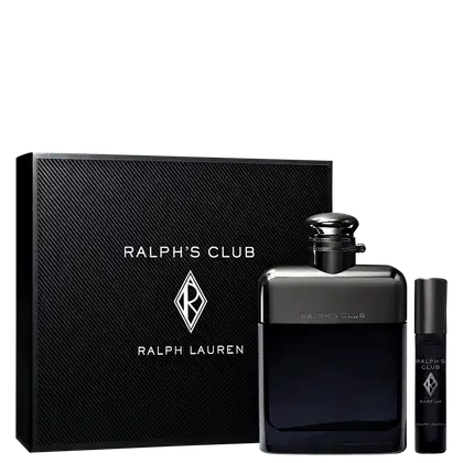 Perfume Ralph's Club da marca Ralph Lauren. Frasco preto retangular com tampa cromada e logotipo "Ralph's Club" gravado. Caixa preta com textura de fibra de carbono e logotipo Ralph Lauren em prata. Miniatura de frasco de perfume preto com tampa cromada.