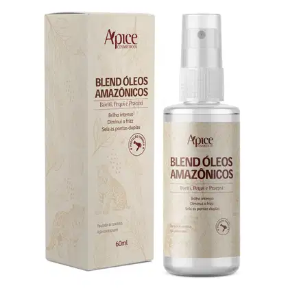 Blend de Óleos Amazônicos da marca Apice Cosméticos. O frasco contém 60ml do produto, que é descrito como um blend de óleos para todas as curvaturas, com ação condicionante.