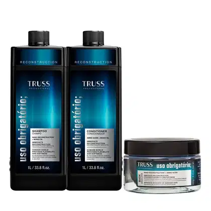 A imagem mostra dois frascos grandes de 1L de shampoo e condicionador TRUSS, frasco preto com azul, e um pote redondo de máscara capilar.