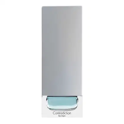 Frasco do perfume, formato retangular alongado com base transparente e base superior cinza.