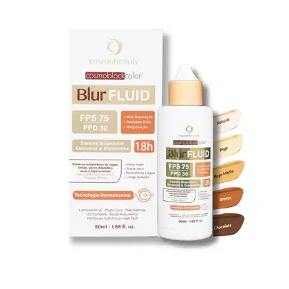 O produto apresentado é um filtro solar da marca Cosmobeauty, chamado Blur Fluid FPS 75. Trata-se de um produto com tecnologia Dermossoma, que protege com FPS 75 e ação antipoluição. O rótulo destaca que o produto é ativo premium e protege por 18 horas.