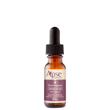 Óleo vegetal da marca Apice Cosmetics, com a indicação "Somente de Uva" no rótulo. O frasco é de vidro âmbar com um conta-gotas preto na tampa. É descrito como 100% vegano, sem sulfatos, parabenos, silicone, óleo mineral e fragrâncias artificiais.