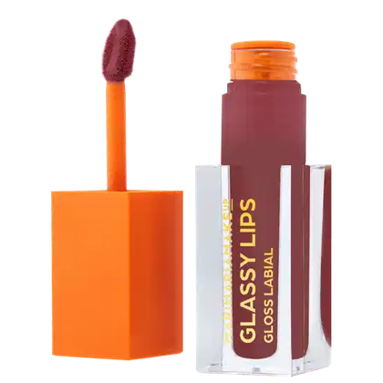 Gloss labial, embalagem transparente com tampa e aplicador laranja. O produto está destampado, com a tampa ao lado.