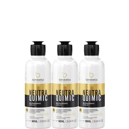 Três frascos brancos de um produto de beleza da marca Borabella, chamado "Neutra Quimic". O produto é descrito como um neutralizante capilar, que pode ser utilizado após procedimentos químicos no cabelo.