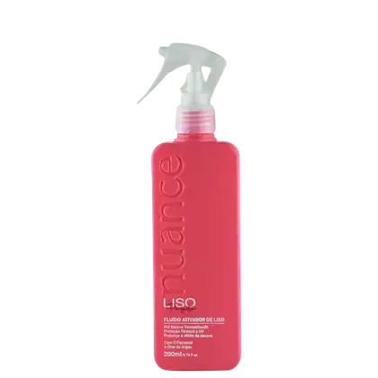 O rótulo indica que se trata de um "Fluido ativador de liso", um produto para tratamento capilar que promove proteção térmica e UV, além de prolongar o efeito da escova. O frasco possui um gatilho de pulverização branco.