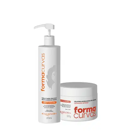 Produtos Acquaflora: creme para pentear modelador de ondas em frasco branco com bomba e gelatina modeladora de cabelos em pote branco, ambos com rótulos em laranja e branco.