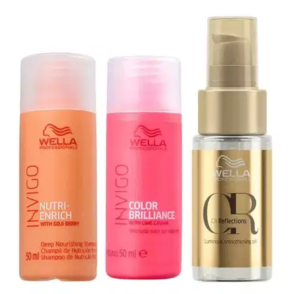 A imagem mostra três produtos Wella Professionals. À esquerda, há um frasco laranja de 50ml de shampoo Nutri-Enrich. No centro, um frasco rosa de 50ml de shampoo Color Brillianc. À direita, um frasco dourado de óleo "Oil Reflections"