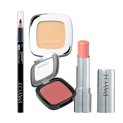 Imagem do produto Kit maquiagem Payot Batom Hidratante Nude + Lápis de Olhos Preto + Pó Compacto Retinol Cor 20 + Blush Retinol Rosa Iluminado
