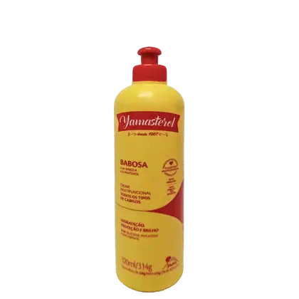 Frasco cilíndrico amarelo com tampa e detalhes em vermelho.