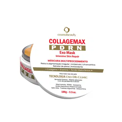 Embalagem de máscara facial Collagemex PDRN da Cosmobeauty, com 100g, contendo informações sobre seus benefícios para a pele, como redução da pigmentação irregular, antienvelhecimento e nutrição intensiva.