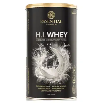 A imagem mostra uma embalagem de whey protein sem sabor, toda preta com letras brancas e imagem de um líquido branco no centro.