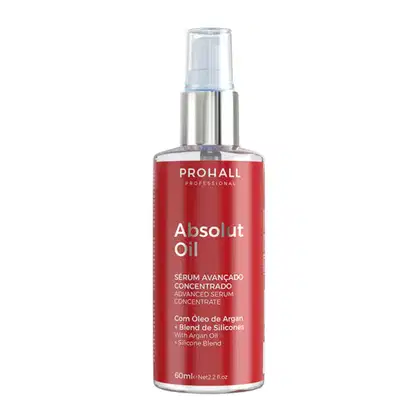 O produto apresentado é um serum capilar da marca Prohall Professional, chamado "Absolut Oil". O rótulo indica que se trata de um "sérum avançado concentrado" com óleo de argan e blend de silicones, destinado a tratamento capilar.