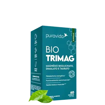 Bio Trimag é um suplemento alimentar Puravida. Caixa retangular de cor turquesa. Na frente há o logotipo da marca Puravida e o nome "Bio Trimag" em letras brancas grandes. Abaixo, está descrito "Magnésio Bisglicinato, Dimalato e Taurato" em texto menor.