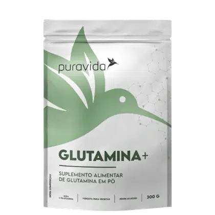 Suplemento alimentar de glutamina em pó  Puravida de 300g. Logotipo da marca com uma folha estilizada verde e o nome "Puravida" em letras brancas sobre fundo verde. Rótulo com o texto "GLUTAMINA+" em letras maiúsculas.
