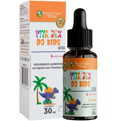 Embalagem composta por uma caixa retangular laranja e branca e um frasco com conta-gotas preto. A caixa e o frasco apresentam o nome do produto em letras coloridas e a ilustração de um dinossauro roxo em um cenário tropical com palmeiras e laranja.