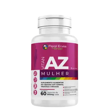 É um suplemento alimentar em cápsulas. O rótulo é predominantemente rosa, com o logotipo da marca e informações sobre o produto em branco e azul. O frasco contém 60 cápsulas de 500mg cada, sendo um suplemento com cisteína, vitaminas e minerais.
