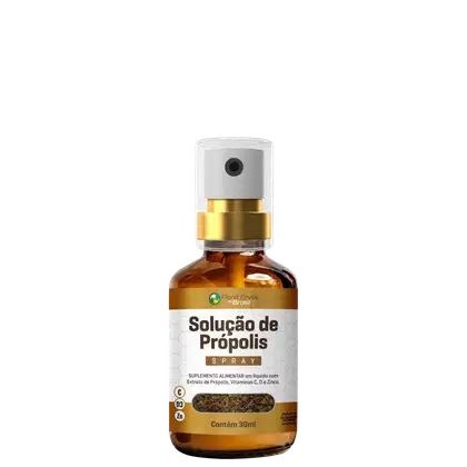 Solução de Própolis Spray da marca Floral Ervas do Brasil.  Rótulo branco com texto "Solução de Própolis Spray" e informações do produto como "Suplemento Alimentar em líquido com Extrato de Própolis, Vitaminas C, D e Zinco". Contém 30ml.