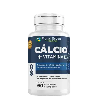 Suplemento alimentar em cápsulas de Vitamina D e Cálcio. Rótulo azul marinho com o logotipo da marca e informações do produto em texto branco. Contém 60 cápsulas de 550mg cada. Indicado que a vitamina D e o cálcio auxiliam na formação de ossos e dentes.