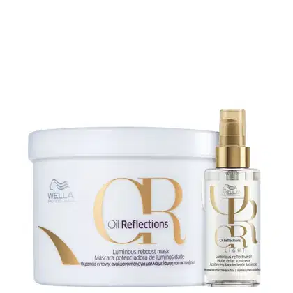 Máscara potenciadora de luminosidade em um pote branco com detalhes em dourado. Ao lado, um frasco de óleo refletor luminoso com embalagem transparente e tampa dourada. As embalagens apresentam o logotipo Wella e o nome da linha "Oil Reflections".