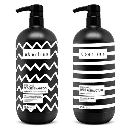 Kit com shampoo e escova progressiva Überliss da marca Avlon.